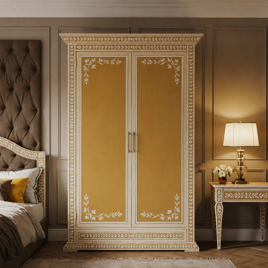 Handcrafted Floral Inlay Wooden Wardrobe | Luxury Handmade Wardrobe