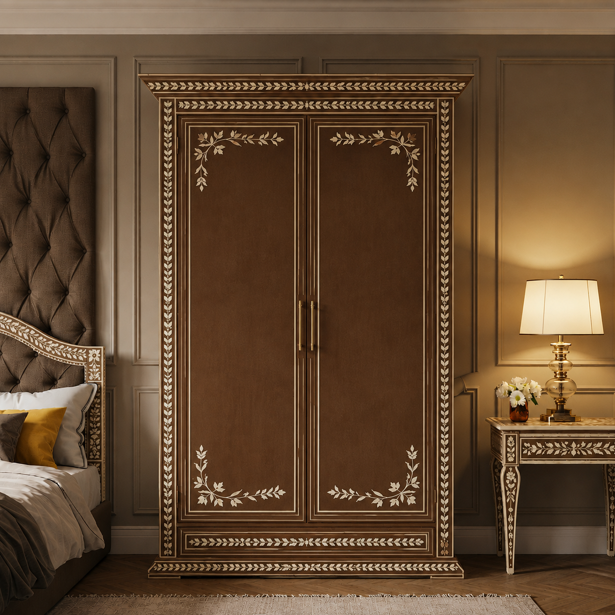 Handcrafted Floral Inlay Wooden Wardrobe | Luxury Handmade Wardrobe