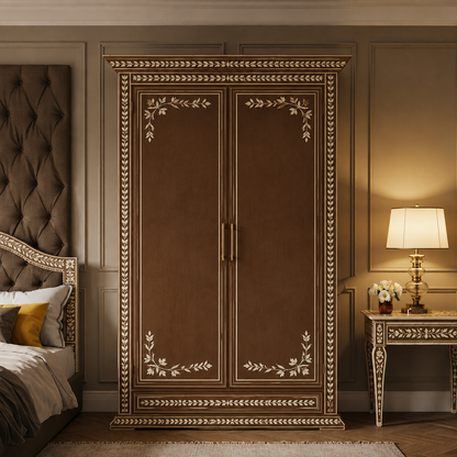 Handcrafted Floral Inlay Wooden Wardrobe | Luxury Handmade Wardrobe