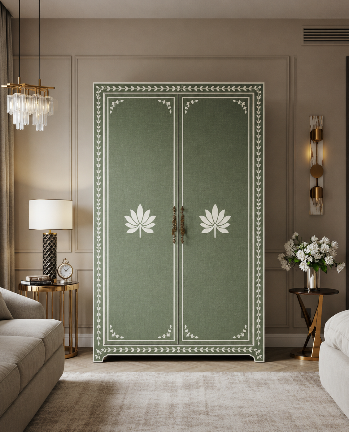 Elegant Green Floral Pattern Wooden Wardrobe | Luxury Handmade Wardrobe