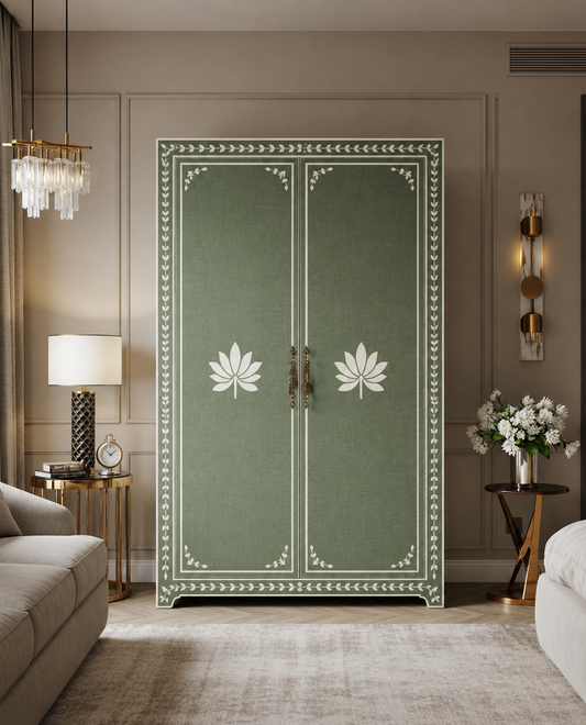 Elegant Green Floral Pattern Wooden Wardrobe | Luxury Handmade Wardrobe