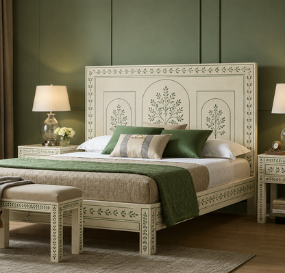 Luxury Green Mother of Pearl Inlay Bed with Minimal Floral Design | Handcrafted Wooden Bed