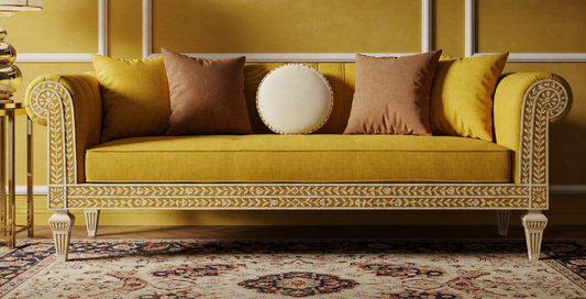 Luxury Inlay Yellow Sofa with Decorative Cushions | Luxury Handmade Sofa