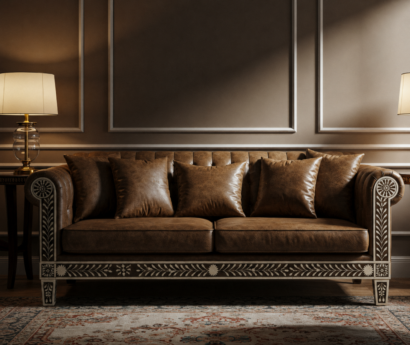 Luxury Inlay Brown Leather Sofa | Luxury Handmade Sofa