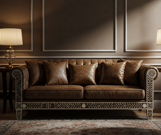 Luxury Inlay Brown Leather Sofa | Luxury Handmade Sofa