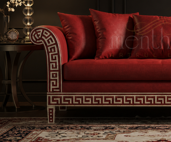 Luxurious Red Inlay Sofa with Greek Key Pattern | Luxury Handmade Sofa