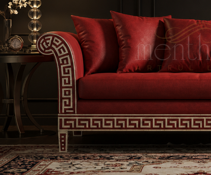 Luxurious Red Inlay Sofa with Greek Key Pattern | Luxury Handmade Sofa