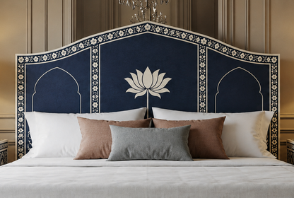 Handcrafted Blue Mother of Pearl & Bone Inlay Lotus Bed with Matching Floral Inlay Design | Luxury King Bed