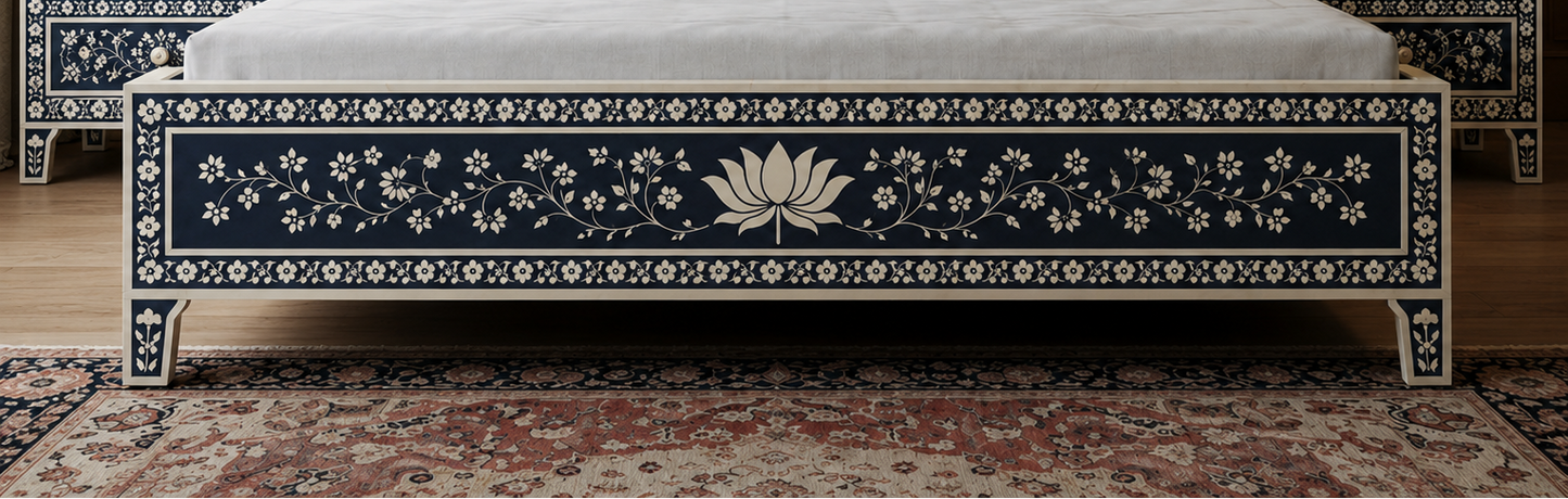 Handcrafted Blue Mother of Pearl & Bone Inlay Lotus Bed with Matching Floral Inlay Design | Luxury King Bed