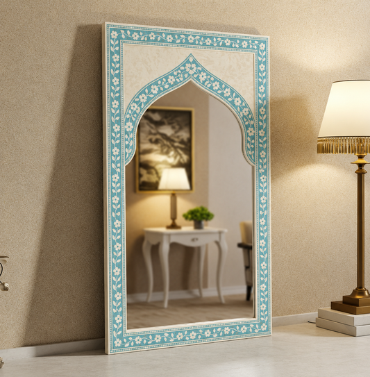 Handcrafted Decorative Wall Mirror with Blue Floral Frame | Luxury Handmade Mirror