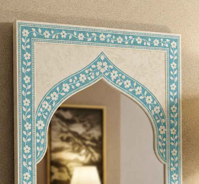 Handcrafted Decorative Wall Mirror with Blue Floral Frame | Luxury Handmade Mirror