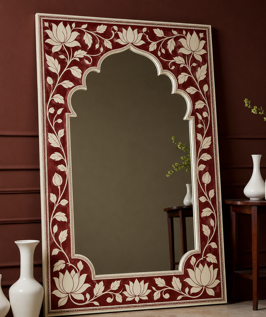 Ornate Decorative Floor Mirror with Red and White Floral Frame | Luxury Handmade Mirror