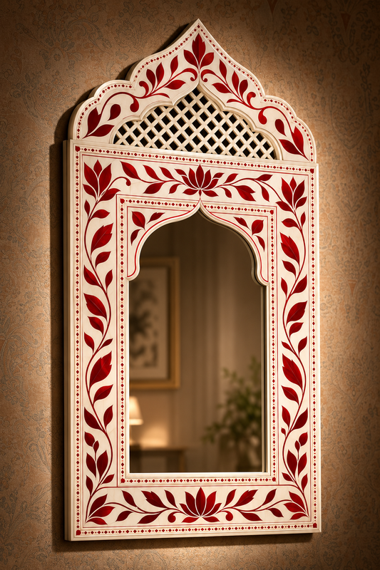 Elegant Red and White Arabesque Wall Mirror | Luxury Handmade Mirror