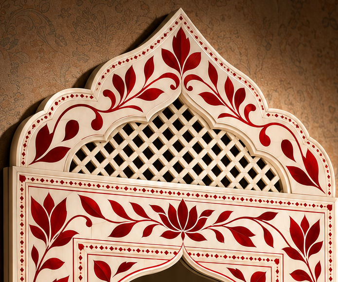 Elegant Red and White Arabesque Wall Mirror | Luxury Handmade Mirror