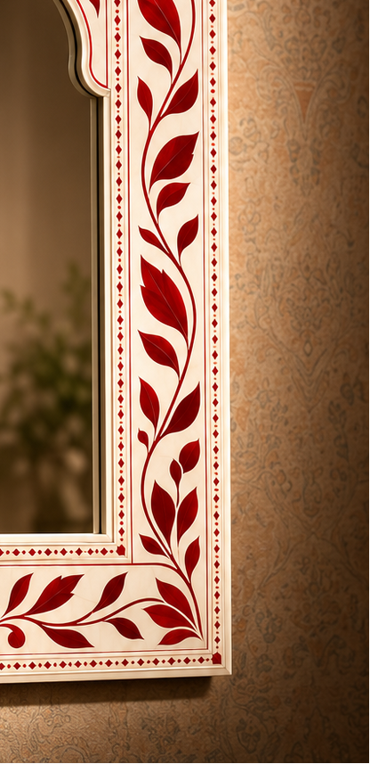Elegant Red and White Arabesque Wall Mirror | Luxury Handmade Mirror