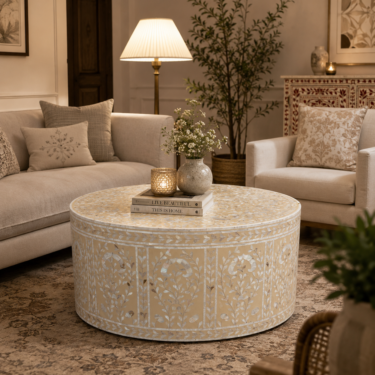 Handcrafted Bone Inlay Round Coffee Table | Luxury Handmade Coffee Table