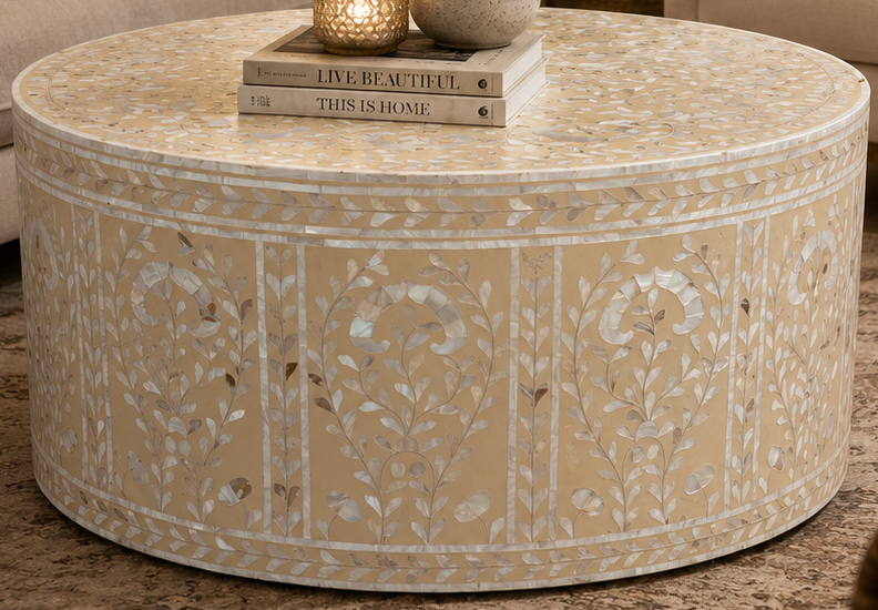 Handcrafted Bone Inlay Round Coffee Table | Luxury Handmade Coffee Table