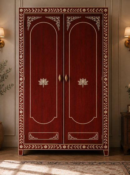 Rust Bone Inlay 2 Door Wardrobe – Handmade Luxury Wooden Armoire Storage Cabinet | Handmade in India