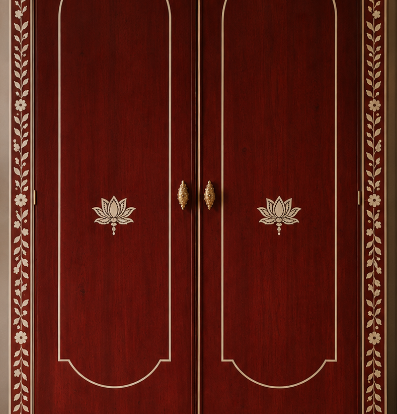Rust Bone Inlay 2 Door Wardrobe – Handmade Luxury Wooden Armoire Storage Cabinet | Handmade in India
