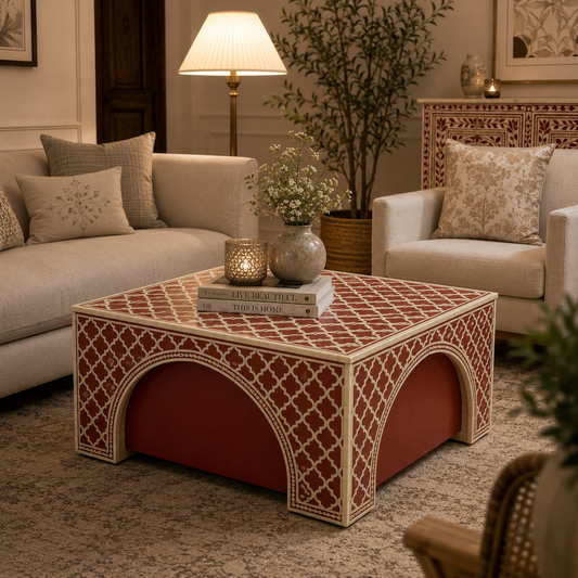 Handcrafted Red and Ivory Floral Inlay Square Coffee Table | Luxury Handmade Coffee Table