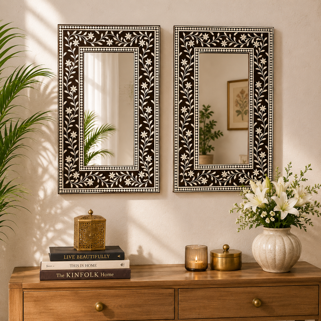 Ready to Ship in India | Handmade Bone Inlay Floral Wall Mirror | Luxury Brown & White Decorative Mirror | 16"W x 1"D x 24"H