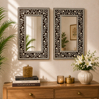 Ready to Ship in India | Handmade Bone Inlay Floral Wall Mirror | Luxury Brown & White Decorative Mirror | 16"W x 1"D x 24"H
