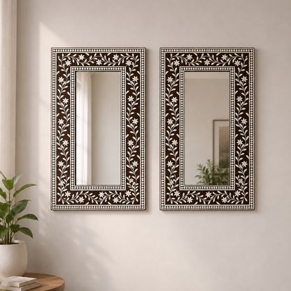 Ready to Ship in India | Handmade Bone Inlay Floral Wall Mirror | Luxury Brown & White Decorative Mirror | 16"W x 1"D x 24"H
