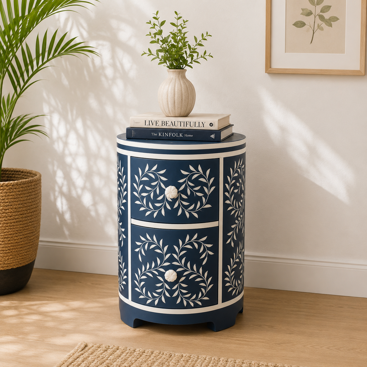 Royal Blue Bone Inlay Drum Bedside Table with 2 Drawers – Luxury Accent Nightstand (15"W x 15"D x 24"H)