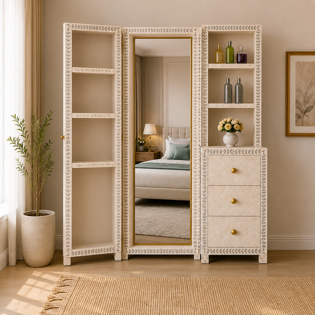 Ivory Bone Inlay Dressing Cabinet with Full-Length Mirror & Storage Shelves – Luxury Bedroom Dresser (36"W x 24"D x 60"H)