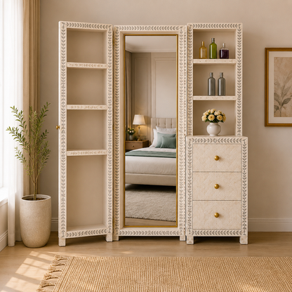 Ivory Bone Inlay Dressing Cabinet with Full-Length Mirror & Storage Shelves – Luxury Bedroom Dresser (36"W x 24"D x 60"H)