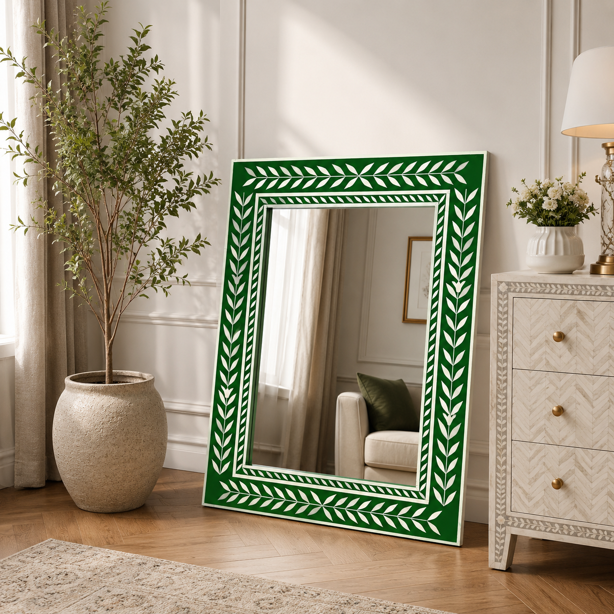 Ready to Ship Bone Inlay Wall Mirror – Handmade Luxury Decorative Mirror (24"W x 1"D x 30"H) | Bone Inlay Mirror India