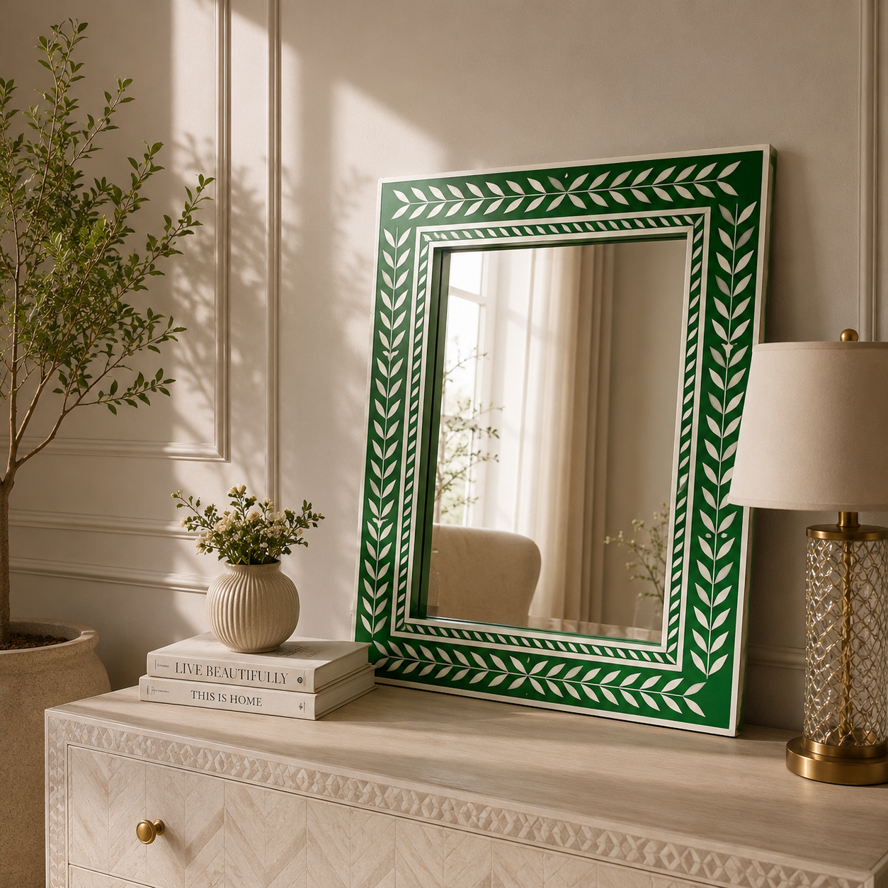 Ready to Ship Bone Inlay Wall Mirror – Handmade Luxury Decorative Mirror (24"W x 1"D x 30"H) | Bone Inlay Mirror India