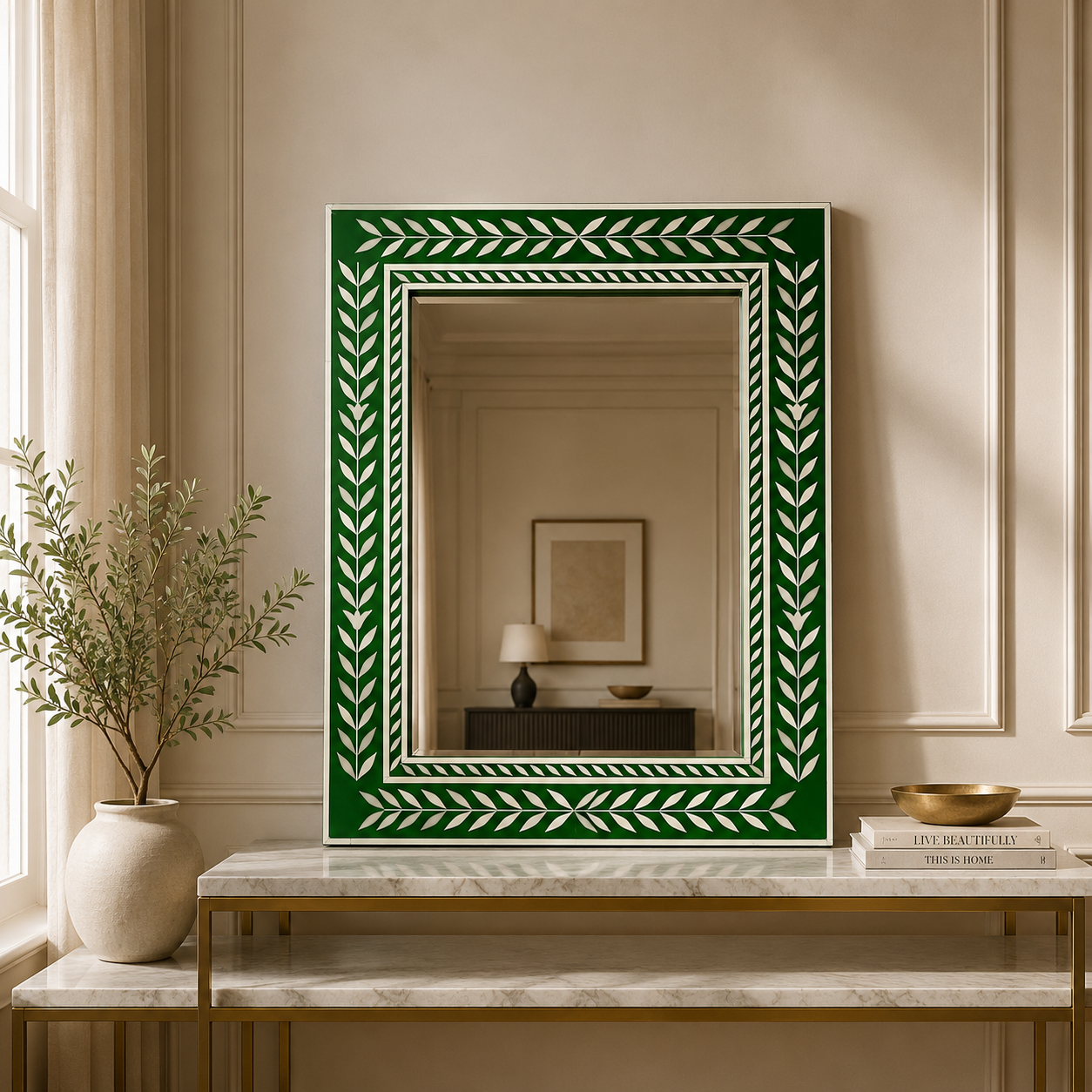Ready to Ship Bone Inlay Wall Mirror – Handmade Luxury Decorative Mirror (24"W x 1"D x 30"H) | Bone Inlay Mirror India