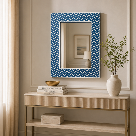 Ready to Ship in India | Handmade Blue Bone Inlay Chevron Wall Mirror | Luxury Rectangular Decorative Mirror | Modern Geometric Design | 24"W x 1"D x 30"H
