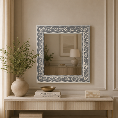 Ready to Ship in India | Grey Bone Inlay Floral Mirror 30W x 1D x 36H Inches | Handmade Bone Inlay Wall Mirror | Luxury Decorative Mirror for Living Room, Bedroom & Entryway