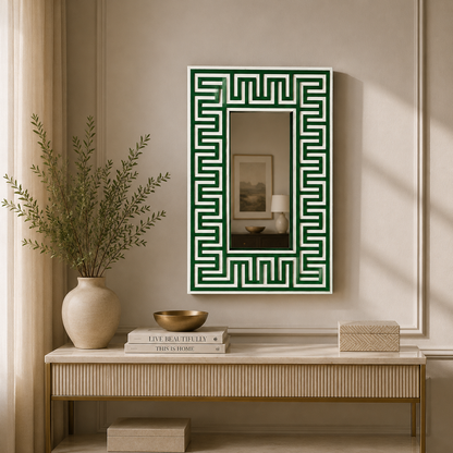 Ready to Ship in India | Green Bone Inlay Greek Key Mirror 16W x 1D x 24H Inches | Handmade Bone Inlay Wall Mirror | Luxury Decorative Mirror for Bedroom, Living Room & Entryway