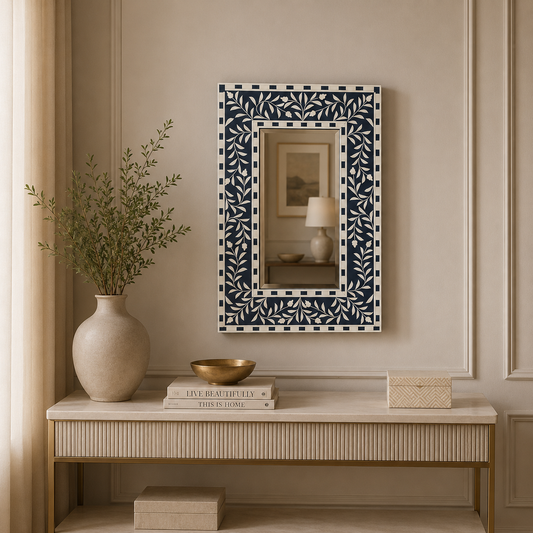 Ready to Ship in India | Blue Bone Inlay Floral Mirror 16W x 1D x 24H Inches | Handmade Bone Inlay Wall Mirror | Luxury Decorative Mirror for Bedroom, Living Room & Entryway