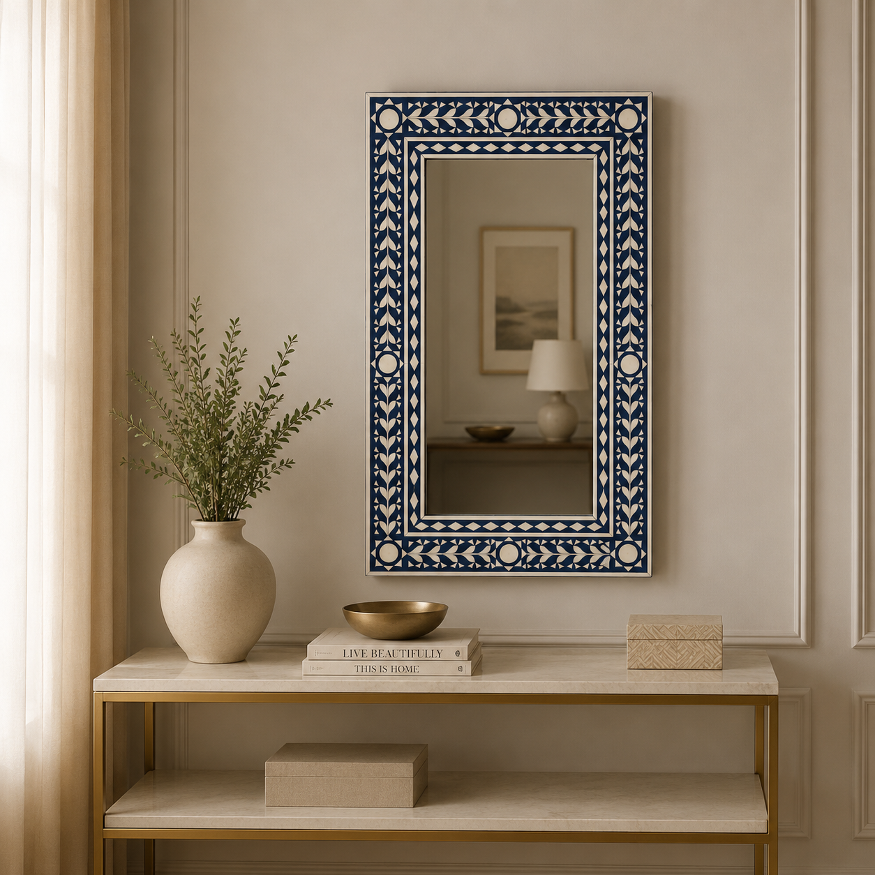 Ready to Ship in India | Handmade Blue Bone Inlay Wall Mirror | Luxury Rectangular Decorative Mirror | Floral & Geometric Bone Inlay Design | 36"H x 20"W x 1"D