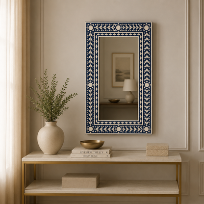 Ready to Ship in India | Handmade Blue Bone Inlay Wall Mirror | Luxury Rectangular Decorative Mirror | Floral & Geometric Bone Inlay Design | 36"H x 20"W x 1"D