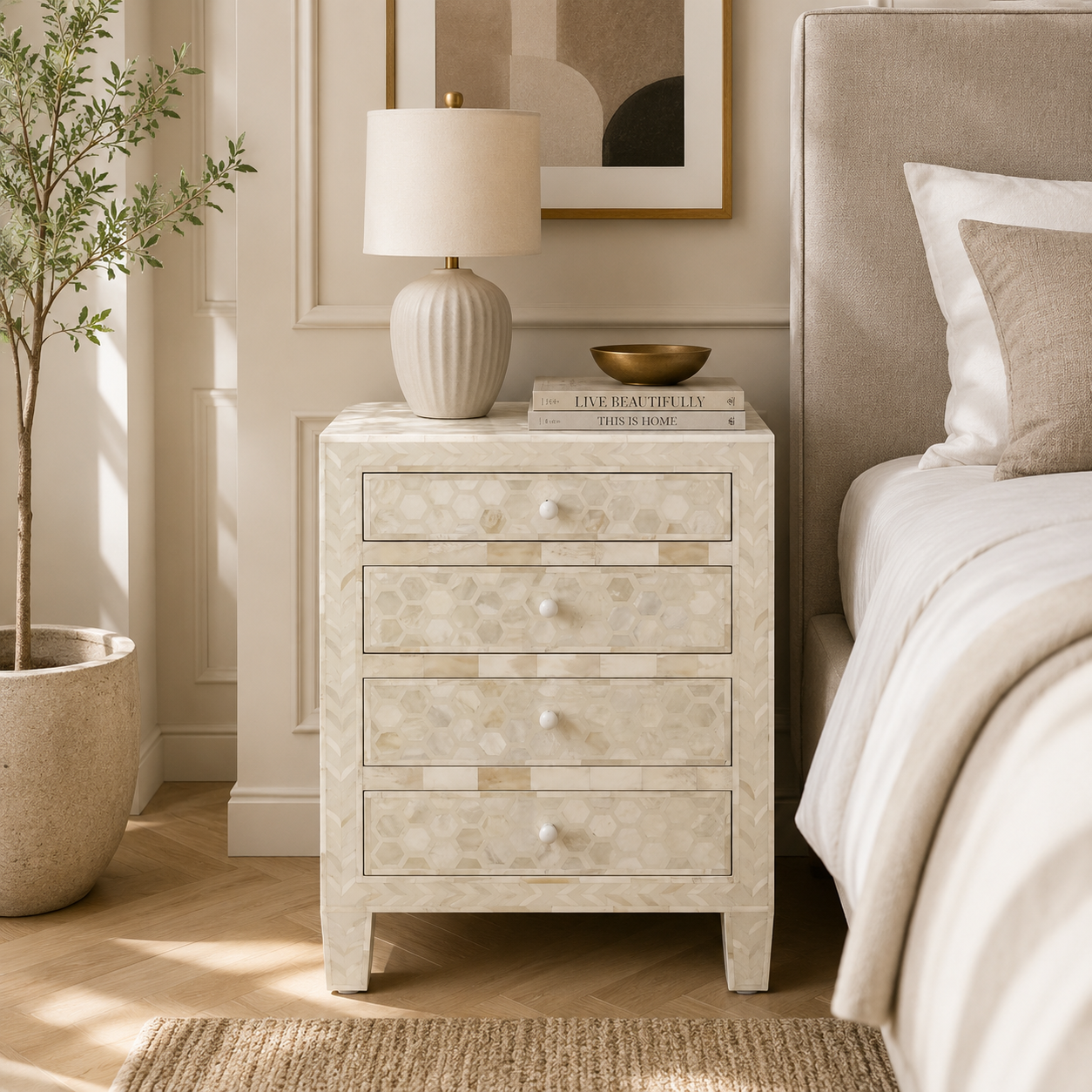 White Hexagonal Patterned inlay Side Table