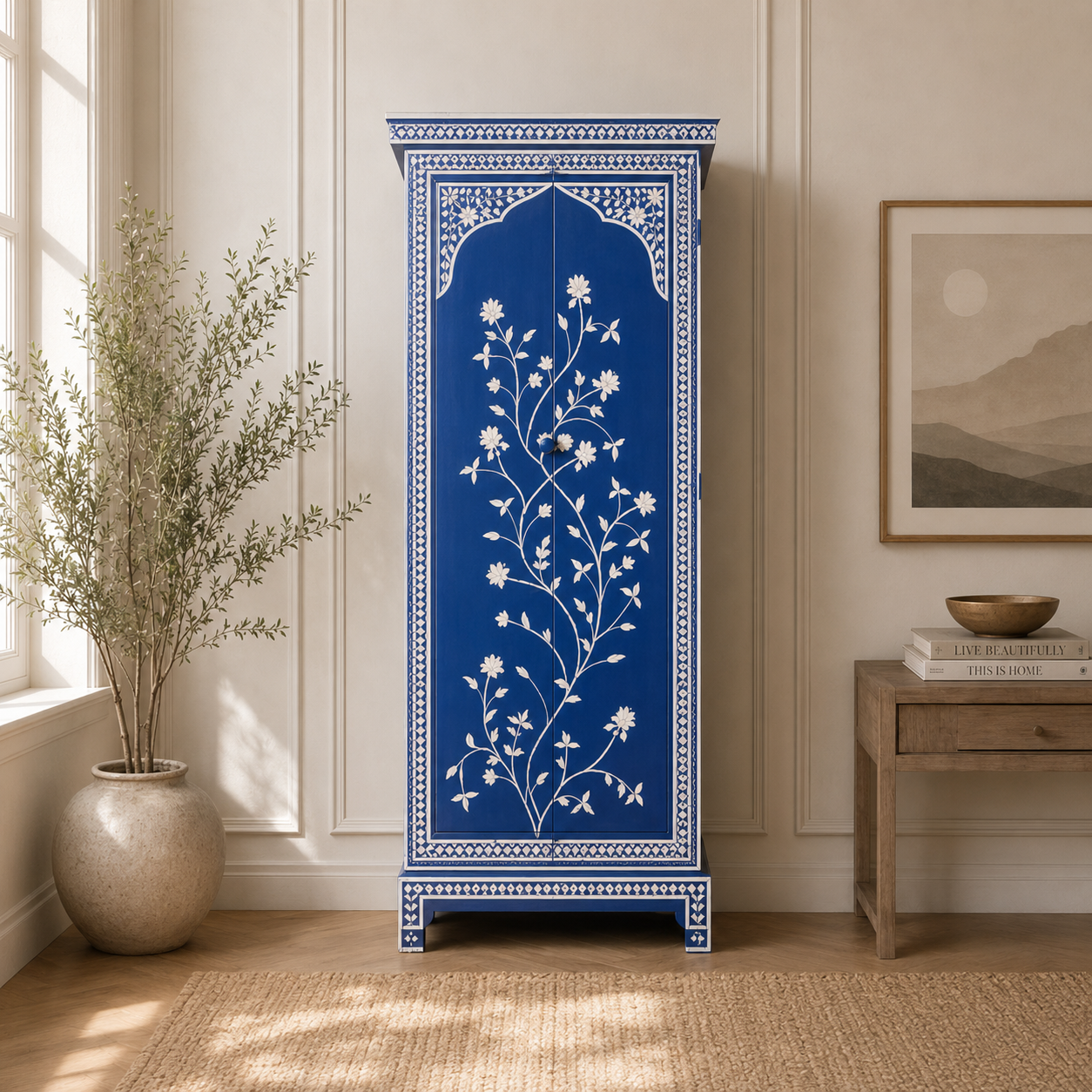 Blue Inlaid Double Door Wardrobe with Floral Detailing | Luxury Handmade Wardrobe