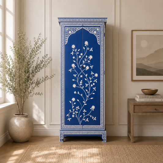 Blue Inlaid Double Door Wardrobe with Floral Detailing | Luxury Handmade Wardrobe