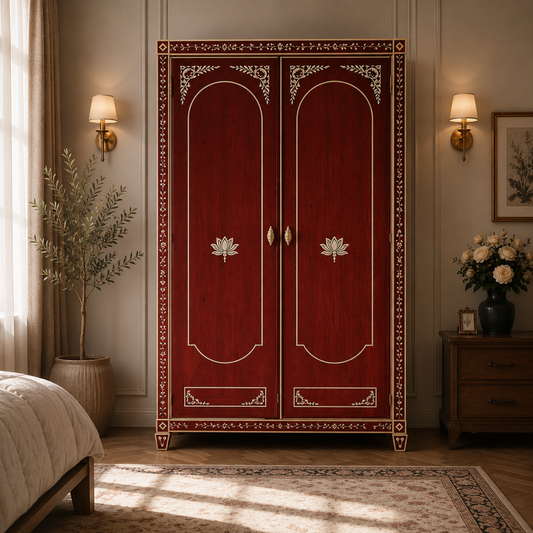 Rust Bone Inlay 2 Door Wardrobe – Handmade Luxury Wooden Armoire Storage Cabinet | Handmade in India