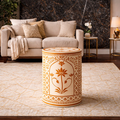 Inlay Round Side Table | Luxury Floral Accent Table | Handmade Decorative Stool