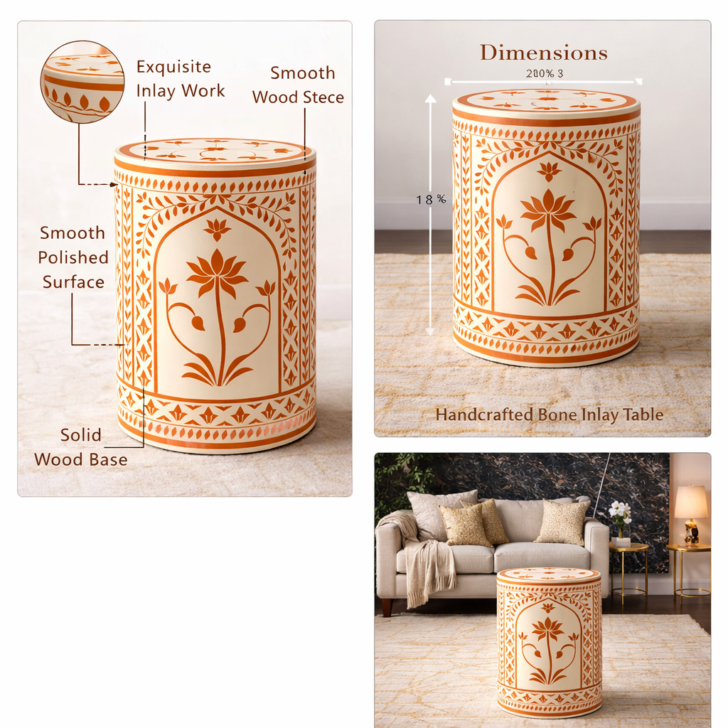 Inlay Round Side Table | Luxury Floral Accent Table | Handmade Decorative Stool