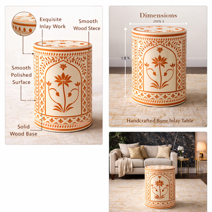 Inlay Round Side Table | Luxury Floral Accent Table | Handmade Decorative Stool