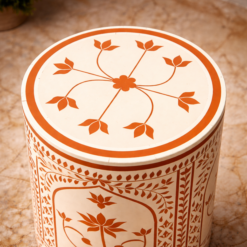 Inlay Round Side Table | Luxury Floral Accent Table | Handmade Decorative Stool