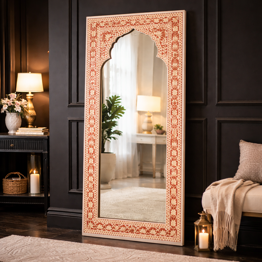 Handcrafted Inlay Arched Wall Mirror – Luxury Floral Inlay Decorative Mirror
