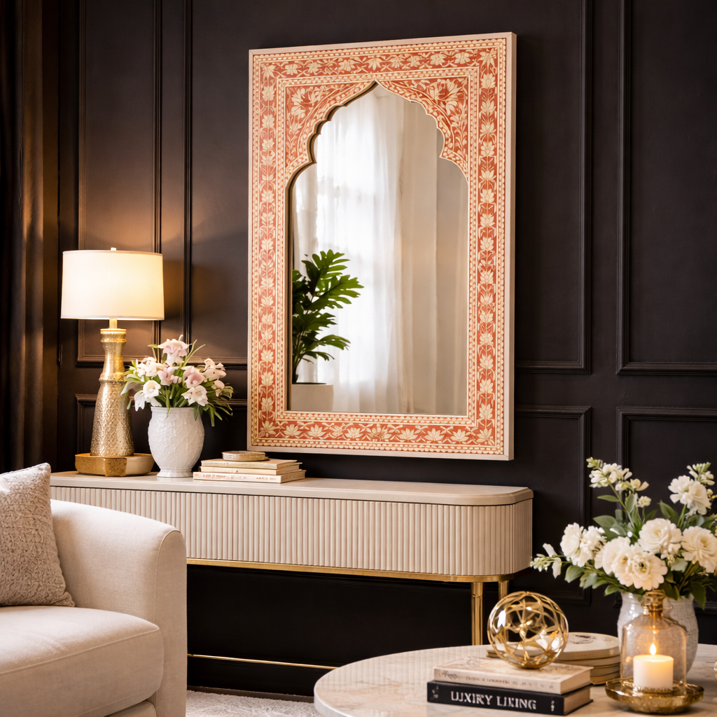 Handcrafted Inlay Arched Wall Mirror – Luxury Floral Inlay Decorative Mirror