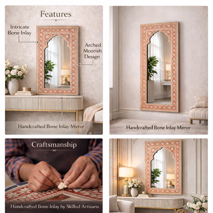 Handcrafted Inlay Arched Wall Mirror – Luxury Floral Inlay Decorative Mirror